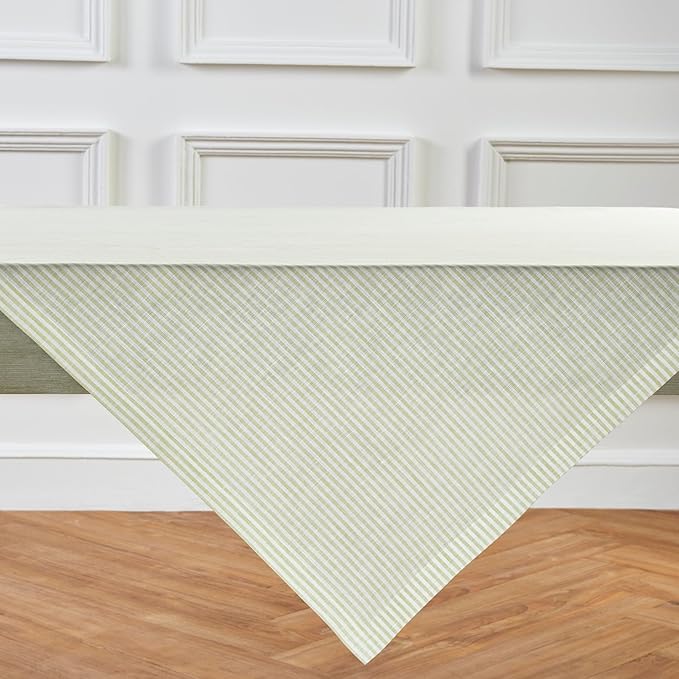 Solino Home Linen Tablecloth 52 x 52 Inch - Narrow Stripe, 100% Pure Linen Sage and White Square Tablecloth - Machine Washable Table Throw for Fall, Autumn, Thanksgiving, Christmas, Winter