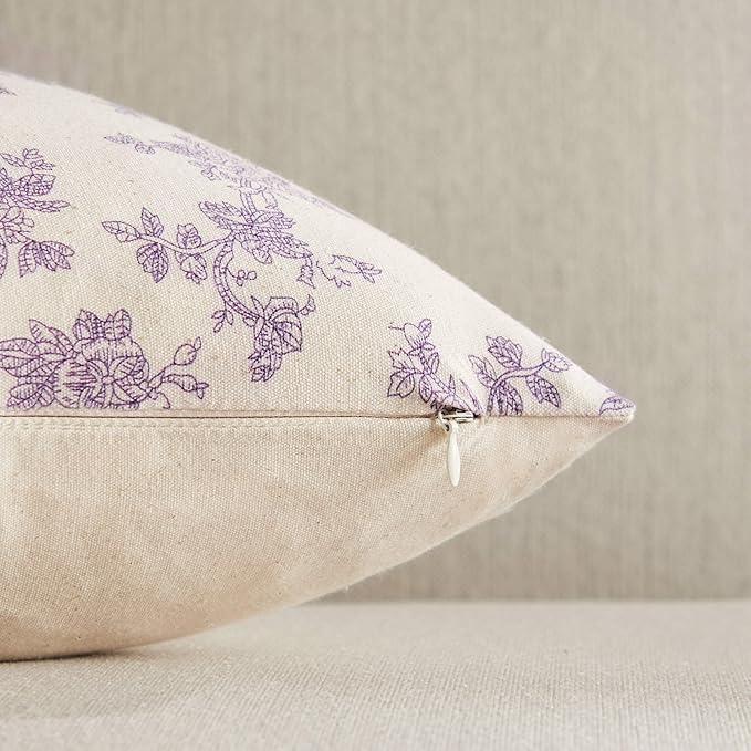 100% Cotton French Pastoral Throw Pillow Covers Set of 2, 24x24 Inch Purple Farmhouse Decorative Cushion Covers for Sofa Bed Living Room Home Decor