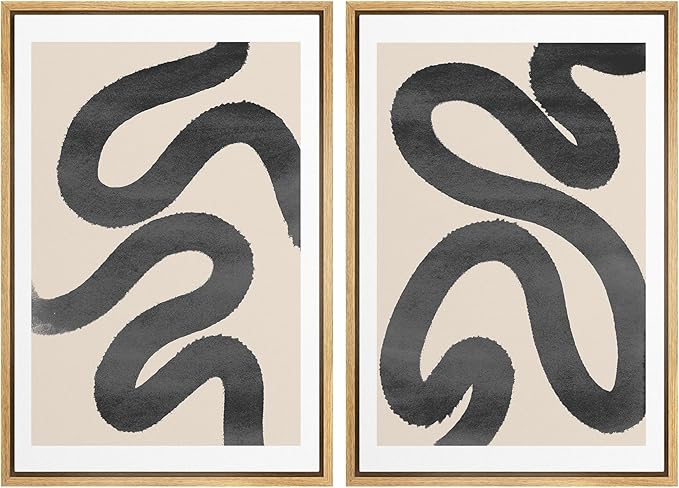 SIGNWIN Framed Wall Art Print Set Black Squiggly Lines Over Tan Background Abstract Swirly Digital Art Modern Art Mid-Century Modern Expressive for Living Room, Bedroom, Office - 24"x36"x2 Panels