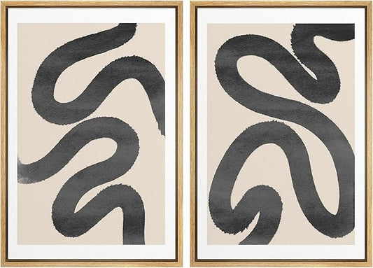 SIGNWIN Framed Wall Art Print Set Black Squiggly Lines Over Tan Background Abstract Swirly Digital Art Modern Art Mid-Century Modern Expressive for Living Room, Bedroom, Office - 24"x36"x2 Panels