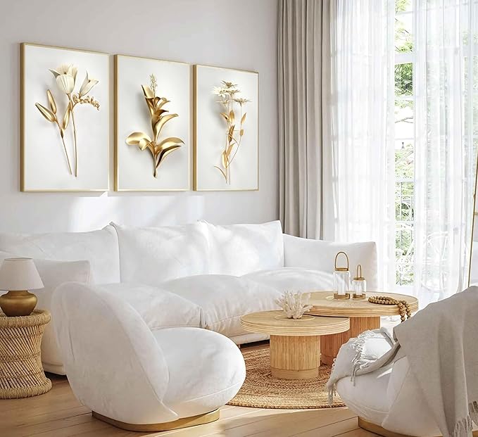 3Pcs Abstract Golden Flower Canvas Wall Art Modern Luxury Minimalism Nordic Floral Plant Painting Picture Wall Decor Poster Print Artwork for Living Room Bedroom Home Decoration Unframed