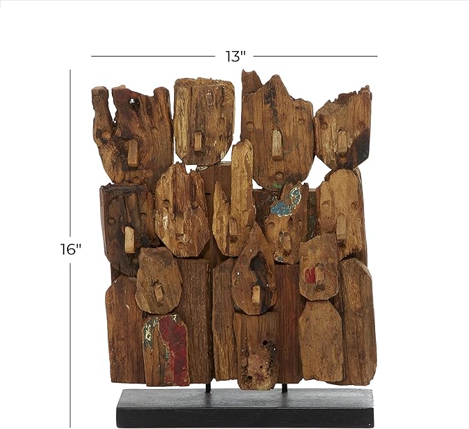 Deco 79 Teak Wood Abstract Handmade Decorative Sculpture Carved Home Decor Statue with Faces, Accent Figurine 13" x 4" x 16", Brown
