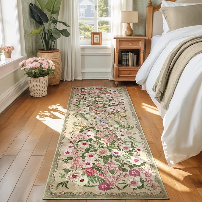 Floral Runner Rug 2x6 - Washable Vintage Kitchen Rug Low Pile Non-Slip Carpet for Entryway Hallway, Laundry, Bedroom - Soft, Stain Resistant Indoor Area Rug - Brown