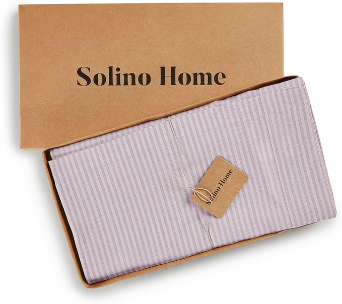 Solino Home Linen Tablecloth 60 x 108 Inch - Narrow Stripe 100% Pure Linen Pink and White Table Cloth for Rectangle Tables - Machine Washable Tablecloth