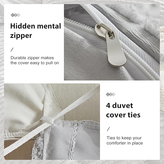 WARMDERN Boho Duvet Cover Set Queen Size,Grey Striped Duvet Cover Microfiber Bedding Set,3PCS Ultra Soft Breathable Lightweight Tuft Texture Pattern Duvet Covers with Zipper Closure(Grey,Queen)