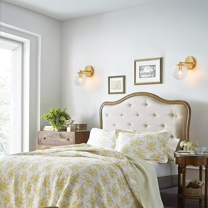 Gold Wall Sconce, Gold Vanity Sconce Lighting, Globe Ripple Glass Wall Light Fixture, Hardwired Wall Sconces for Bathroom Hallway Bedroom Bedside Living Room Stairs Kitchen Loft (E12)