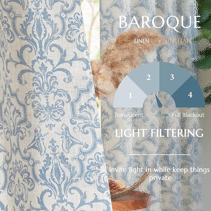 jinchan Linen Curtains for Living Room & Bedroom - Blue Damask Patterned 108 Inch Long Light Filtering Vintage Drapes with Grommet Window Treatments - 2 Panels Set