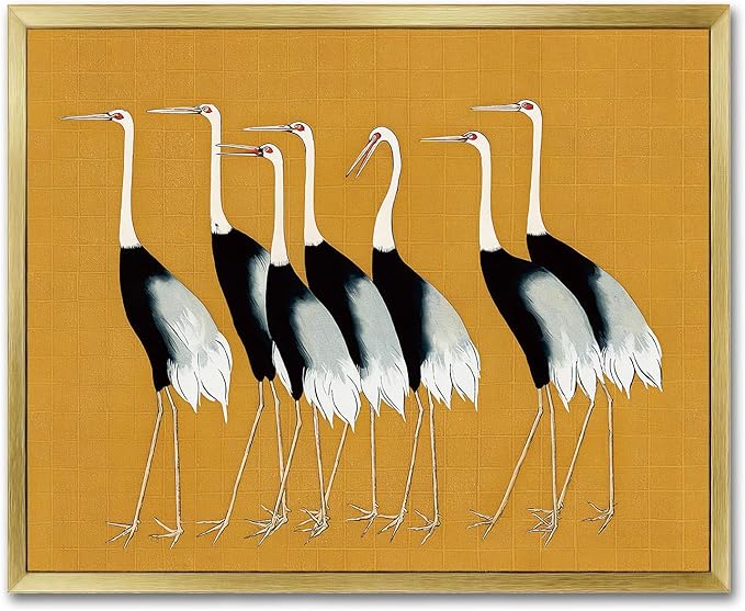AIMAILON Vintage Gold Canvas Wall Art Framed Decor Animal Theme Artwork Elegance Groups of Red Crowned Crane Print Retro Picture Home Decoration for Study Room Bedroom Office 16x20