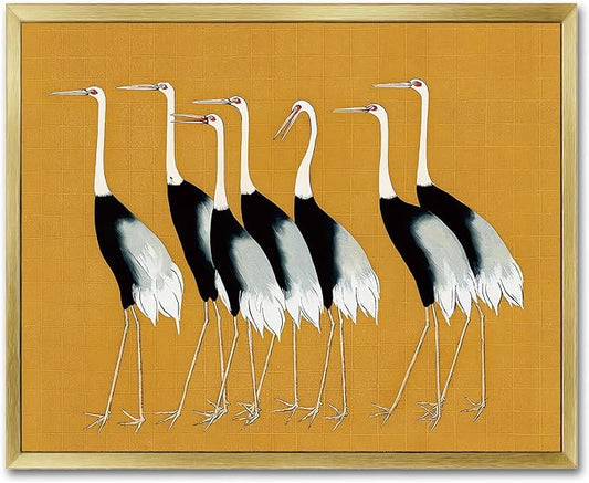 AIMAILON Vintage Gold Canvas Wall Art Framed Decor Animal Theme Artwork Elegance Groups of Red Crowned Crane Print Retro Picture Home Decoration for Study Room Bedroom Office 16x20