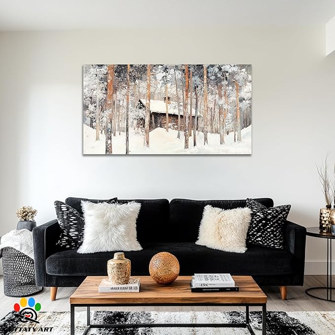 GUTTATY Winter Christmas Cabin Canvas Wall Art, Snow Forest Canvas Painting, Rustic Winter Scene Wall Decor, Textured Canvas Prints Pictures, Holiday Poster for Living Room, Bedroom, 32x16 Inch