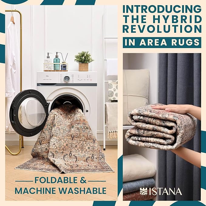 Istana Living Room Rug 10x14 - Olive & Charcoal 10 x 14 Area Rug - Foldable Machine Washable Area Rugs 10x14 10x14 Area Rugs Boho - Stain Resistant Washable Rug 10x14