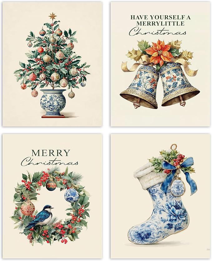 AEHIE Chinoiserie Christmas Tree Bells Wall Art Poster Prints for Home, Xmas Tree Wreath Bow Posters, Chinoiserie Prints Decor, Blue and White Porcelain Christmas Wall Art Unframed 4pcs 8x10inch