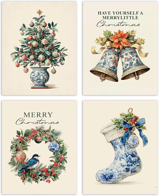 AEHIE Chinoiserie Christmas Tree Bells Wall Art Poster Prints for Home, Xmas Tree Wreath Bow Posters, Chinoiserie Prints Decor, Blue and White Porcelain Christmas Wall Art Unframed 4pcs 8x10inch