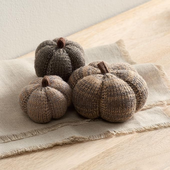 Your Heart's Content Set of 3 Cobblestone Grey Cozy Mini Knit Pumpkins, Autumn Bowl Filler, Rustic Farmhouse Table for Fall (Cobblestone Multi-Size Set)