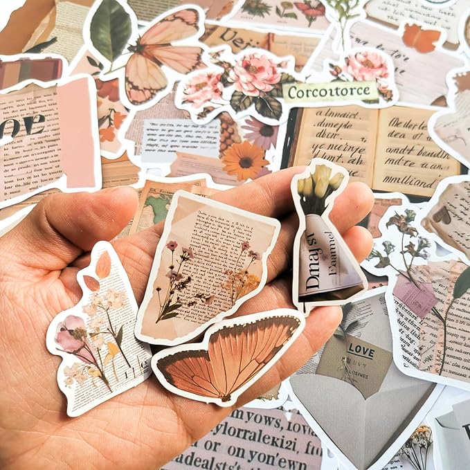 Yoksas 50Pcs Vintage Old Antique Newspaper Words Stickers - Cottagecore Old Looking Stickers for Scrapbook Supplies,Journaling,Planner,Laptops
