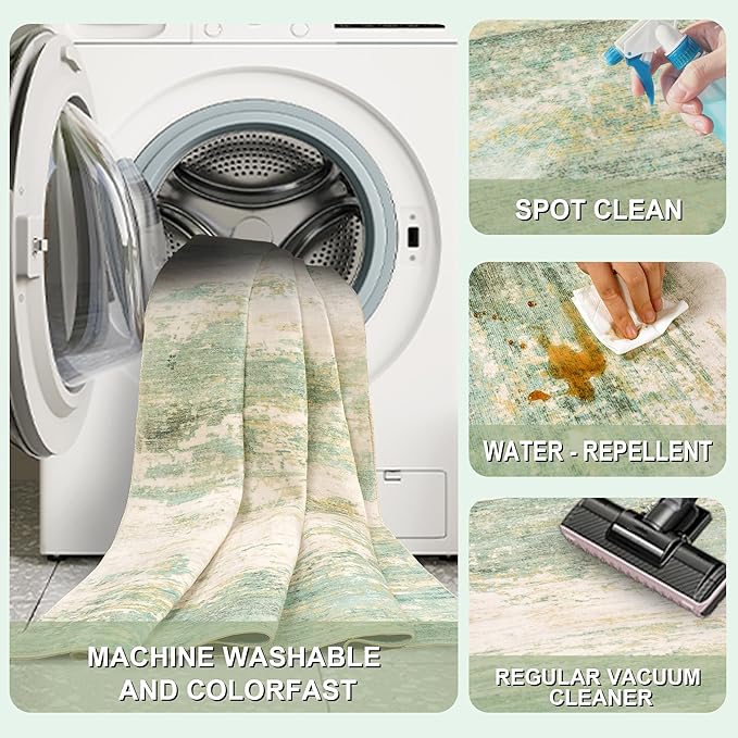 9x12 Modern Abstract Rug Washable Area Rugs for Living Room Bedroom Dining Room Non-Slip Low Pile Neutral Large Rug Soft Indoor Floor Carpet, Green