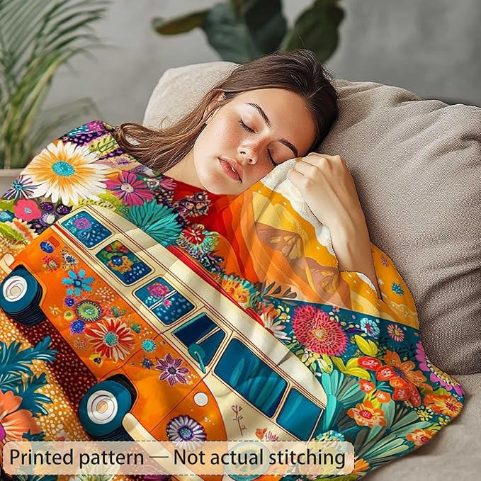 Retro 1960s Van Drive Throw Blanket | Soft Fleece | Mid-Century Boho Decor | Cozy for Couch Sofa Bed | Gift for Men & Women | 40x50 Inches