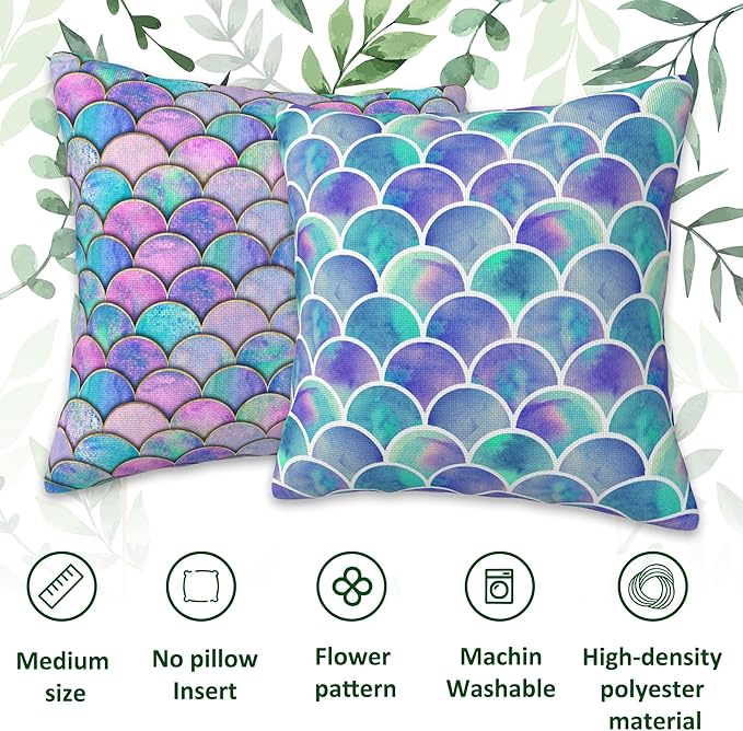 Throw Pillow Covers Mermaid Fish Scale Pillow Covers 18x18 Inch Set of 2 Watercolor Rainbow Scales Throw Pillows Decorative Pillow Cases Cushion Covers for Bedroom Livingroom Sofa Farm House