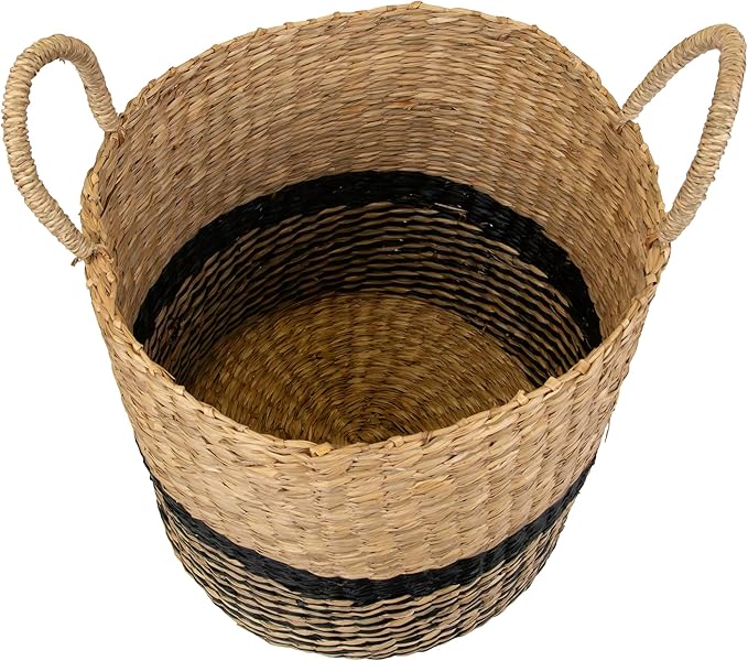 Woven Table and Floor Cylindrical Seagrass Baskets - Black and Beige - Set of 3