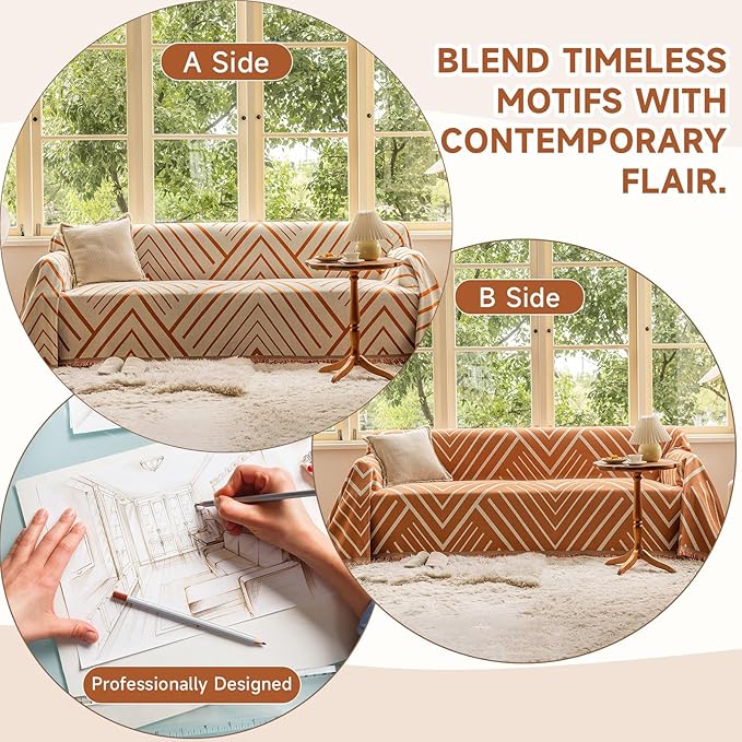 VClife Boho Farmhouse Couch Cover 71''x134'', 1 pc Washable Sofa Covers for 3 Cushion Couch Sofa Kids Soft Chenille Beige Pumpkin Herringbone Home Decor Couch Covers for Bed Sofa Living Room Slipcover