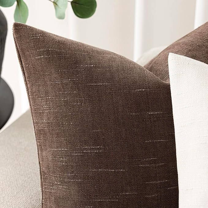 Foindtower Set of 2 Soft Textured Chenille Throw Decorative Pillow Covers Square Accent Solid Cushion Cover Cozy Neutral Farmhouse Pillow Case for Couch Sofa Bedroom Living Room 20x20 Inch, Chocolate