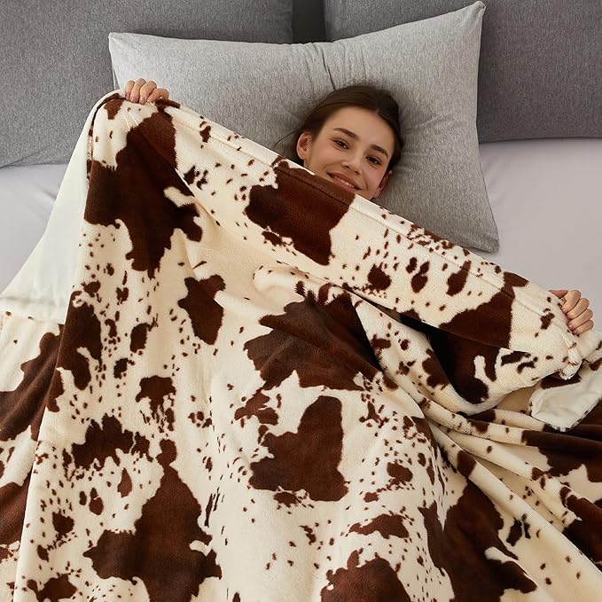 COOVA Faux Rabbit Fur & Flannel Throw Blanket 50x60 Inch - Luxury Fuzzy & Cozy Soft Blanket for All Seasons, Breathable and Comfortable for Bed, Sofa, Couch, and Camping, Cow Print,Brown