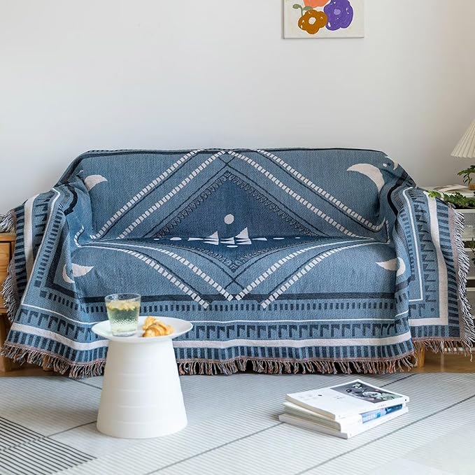 VClife Boho Sofa Couch Cover White Blue Plaid Stripe Couch Cover for 2 Cushion Couch Sofa Thick Breathable Non Slip Loveseat Cover for Dog Reversible Large Sofa Slipcover Furniture Protector Cover