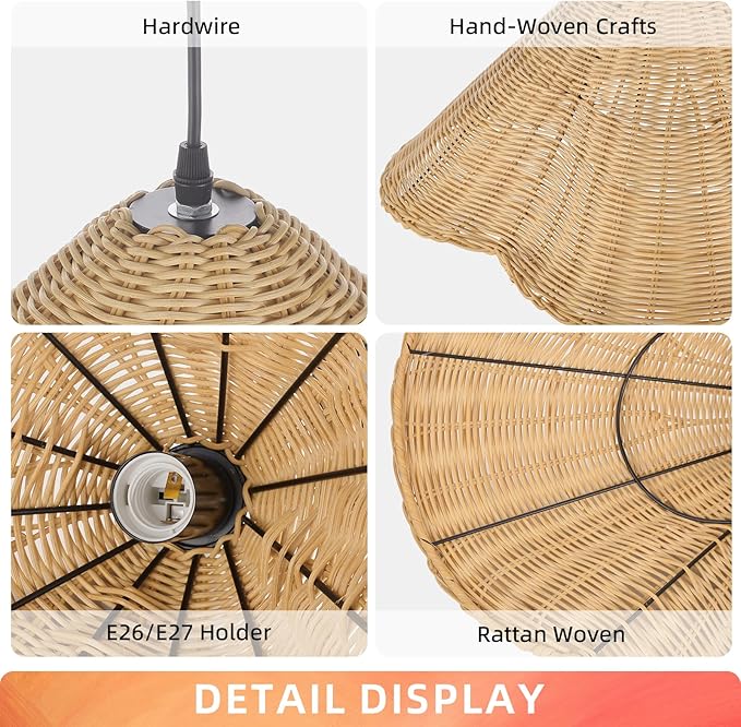 Arturesthome 19.6" Rattan Chandelier Boho Pendant Light,Hand Woven Pendant Lighting for Dining Room,Rustic Hanging Light Ceiling Light for Living Room Bedroom