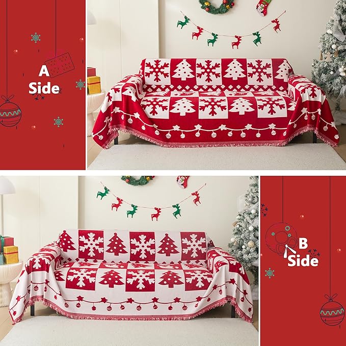 MEETSKY Christmas Couch Cover for Sectional Sofa, Chenille Loveseat Red Sofa Covers Washable for Pet Friendly Snowflake Christmas Tree Decorative Couch Covers, 71" x 102"