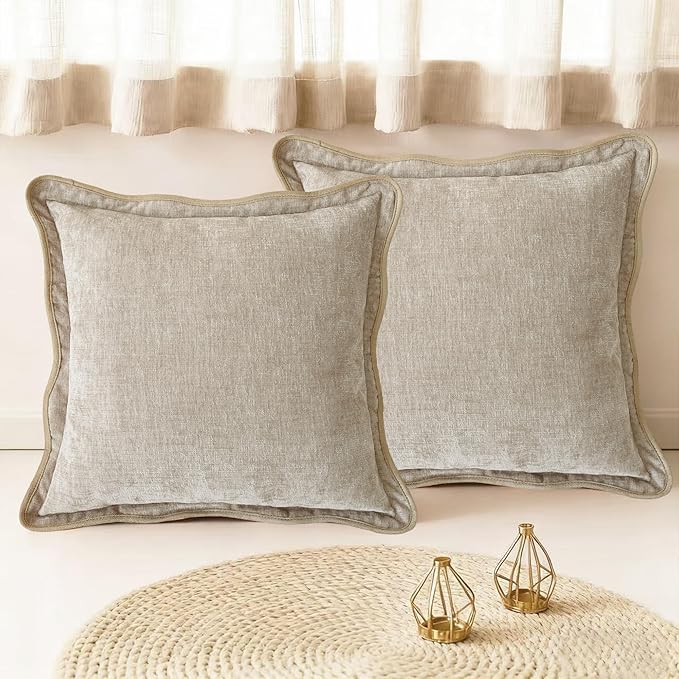 CaliTime Throw Pillow Covers Decorative 18 X 18 Inches Pack of 2 Cozy Chenille Scalloped Wavy Edge Cushion Cases for Couch Sofa Bed Living Room Farmhouse Light Taupe