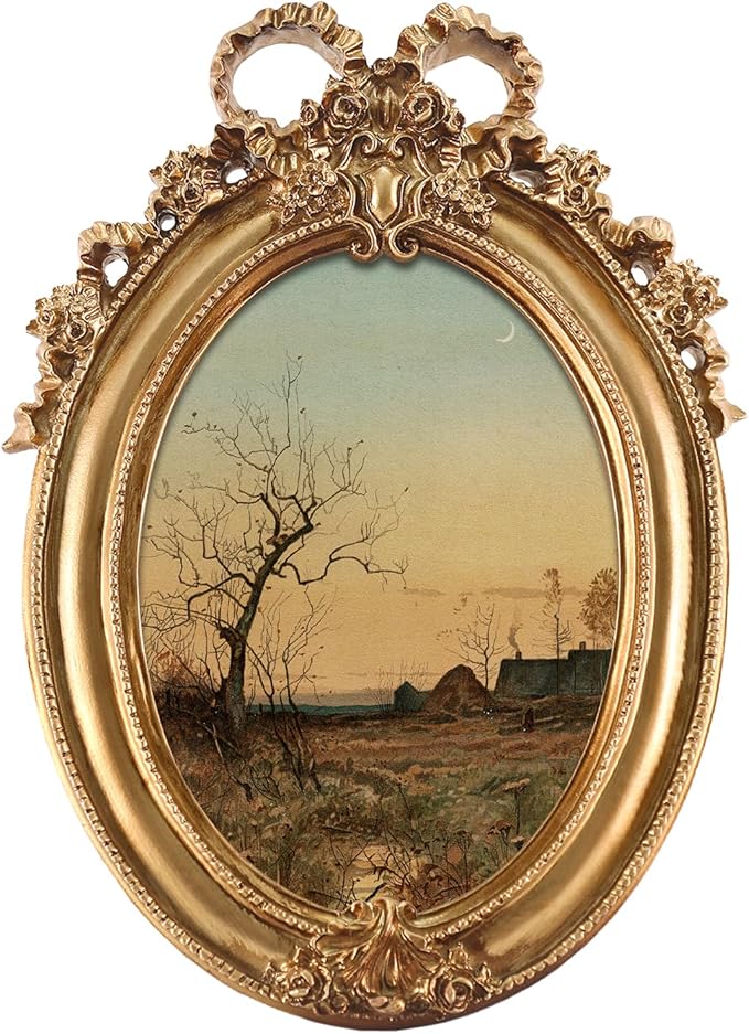 FOLKOR Canvas Wall Art with Vintage Gold Picture Frame, Countryside Village Landscape Posters Prints for Bedroom Dining Room Kitchen Decor, Rrtro Sunset Artwork for Home Office Gallery Wall, 4x6