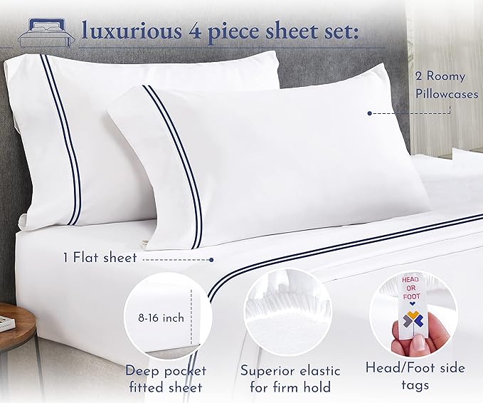California Design Den Luxury Queen Size Sheet Set - 100% Cotton, 600 Thread Count Deep Pocket Queen Sheets, Hotel-Quality Bedding with Sateen Weave - White Embroidered Navy