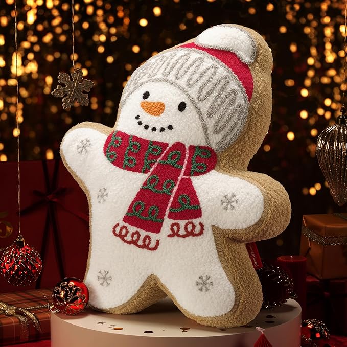 Phantoscope Gingerbread Merry Christmas Throw Pillow, Plush Teddy Xmas Gingerbread Snowman Shaped Pillows with Hat, Christmas Decorative Pillow for Couch Living Room Bed, White, 19x15 inches