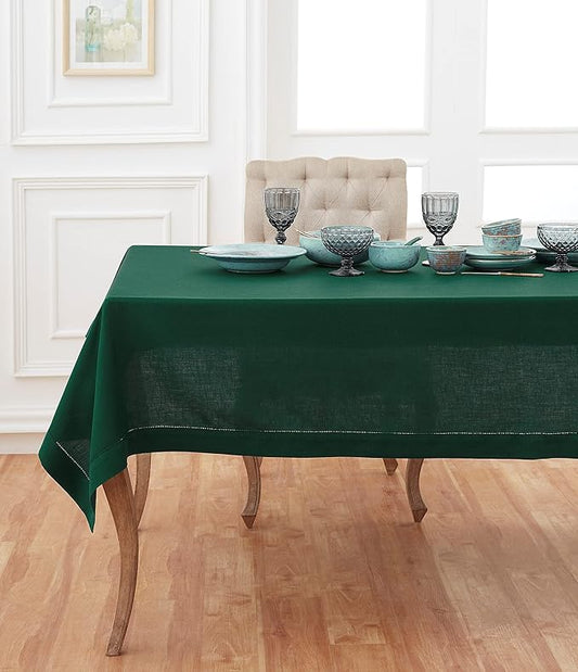 Solino Home Linen Tablecloth 60 x 90 Inch - Classic Hemstitch 100% Pure Linen Rainforest Green Table Cloth for Rectangle Tables - Machine Washable Tablecloth for Fall, Thanksgiving, Christmas, Winter