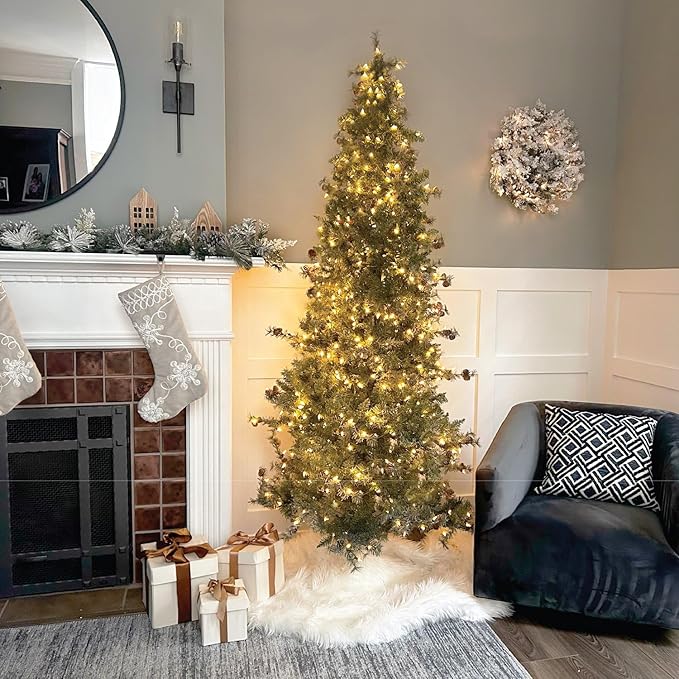 Fraser Hill Farm 6.5-Feet Pre-Lit Buffalo Fir Green Slim Artificial Christmas Tree with Warm White LED String Lights, Realistic Foliage, Lightly Flocked with Pinecones, Stand Included