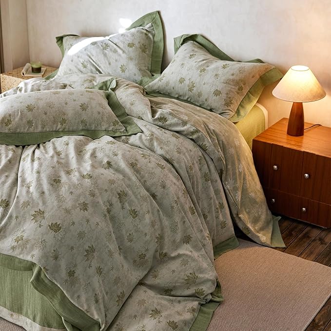 mixinni Yarn-Dyed Jacquard Duvet Cover King, Green Botanical Leaf Print 3-Piece Bedding Set with Wide Edge Piping, Soft Breathable Double Layer Gauze for All Seasons (1 Duvet Cover + 2 Pillowcases)