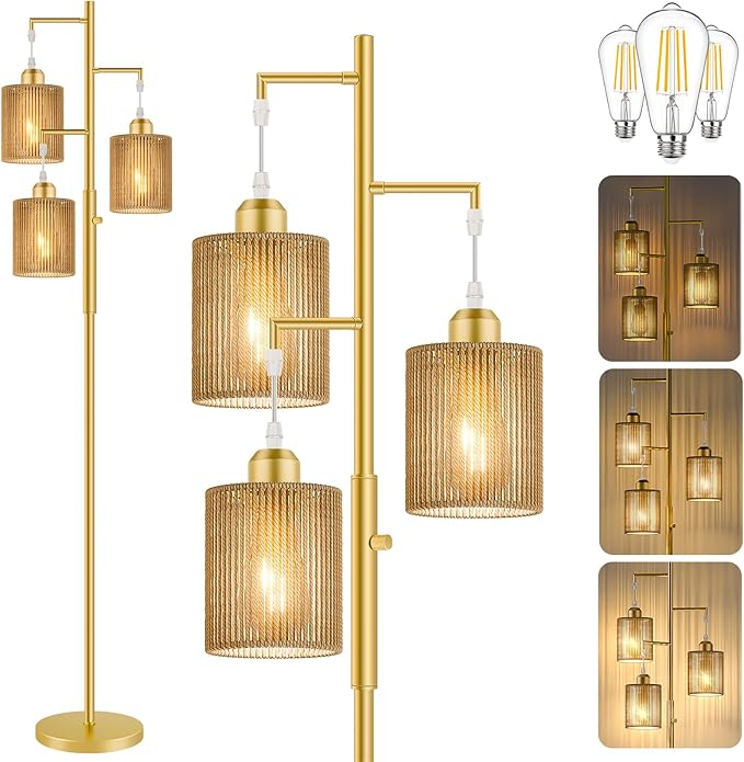 Hotsonic 72" Tall Boho Floor Lamp, Dimmable Standing Lamp with Handcrafted Rattan Brown Shade, Industrial Tree Floor Lamps for Living Room, Bedroom, Study Room, Office(3x800LM LED Bulbs Included)-Gold