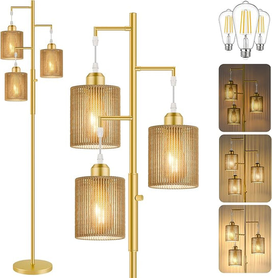 Hotsonic 72" Tall Boho Floor Lamp, Dimmable Standing Lamp with Handcrafted Rattan Brown Shade, Industrial Tree Floor Lamps for Living Room, Bedroom, Study Room, Office(3x800LM LED Bulbs Included)-Gold