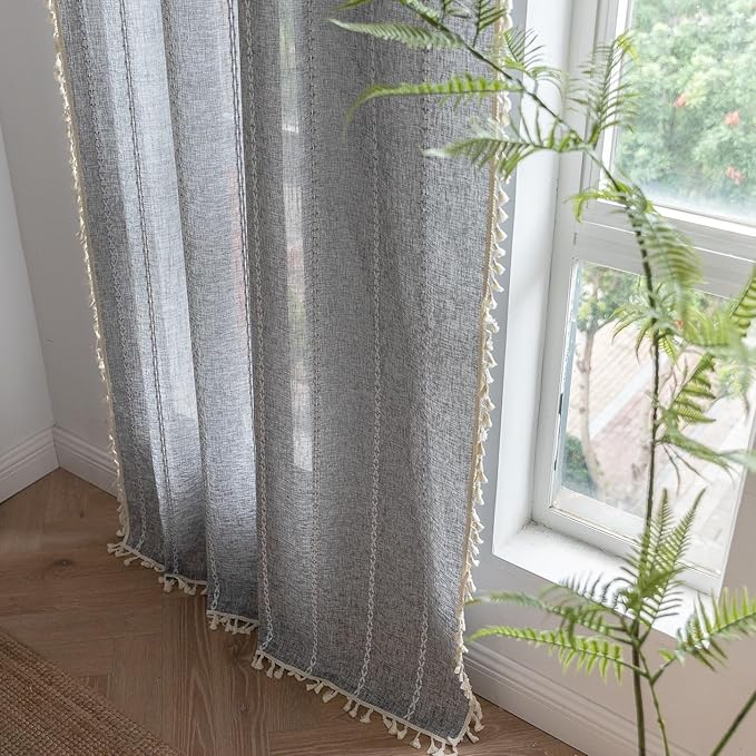 Sutuo Home Boho Curtains for Bedroom Living Room, Semi Blackout Linen Farmhouse Vintage Chic Tassels Window Treatment Bohemian Embroidery Drape, Rod Pocket 1 Panel 52" W x 72" L, Black Grey
