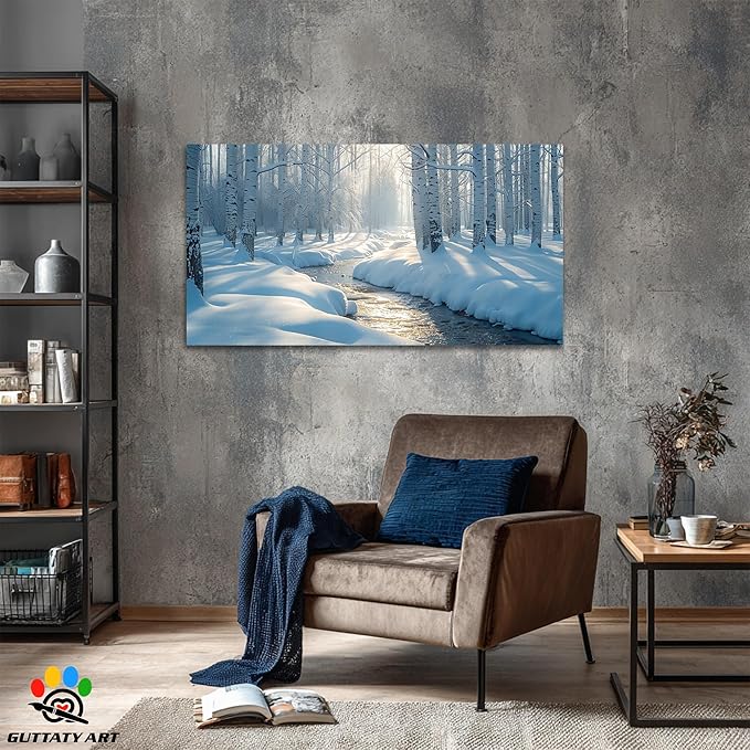 GUTTATY Christmas Winter Scene Canvas Wall Art, Birch Tree Snow Landscape Canvas Artwork, Serene Blue White Wall Decor Picture, Peaceful Nature Winter Poster for Living Room and Bedroom, 32x16 Inch