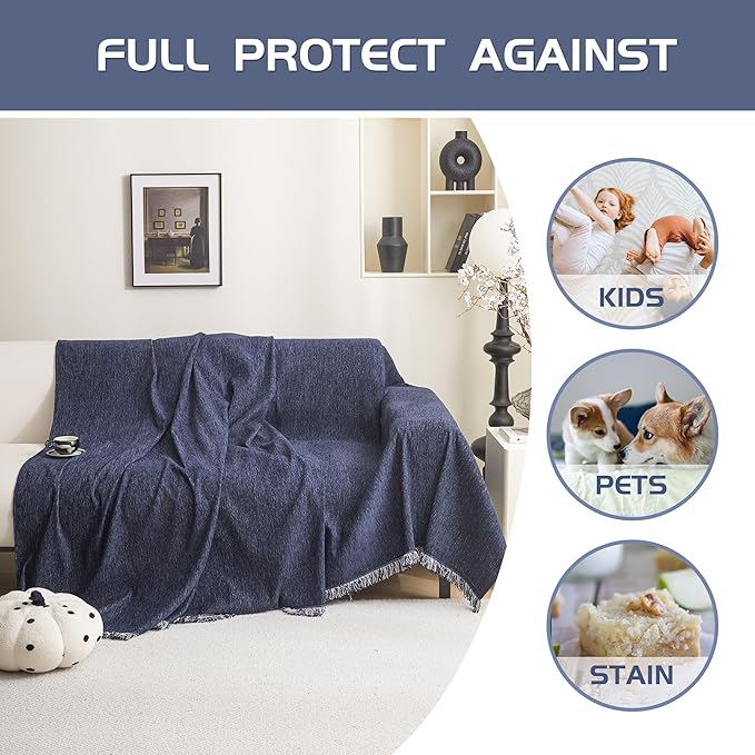 MEETSKY Blue Sofa Covers for 3 Cushion Couch Cover for L Shaped Sectional Sofa Covers Couch Protector Thick Chenille Fabric Washable, Modern Sofa Towel for Living Room, 91" x 118", Navy