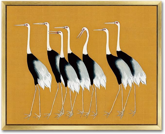 AIMAILON Vintage Gold Canvas Wall Art Framed Decor Animal Theme Artwork Elegance Groups of Red Crowned Crane Print Retro Picture Home Decoration for Study Room Bedroom Office 8x10