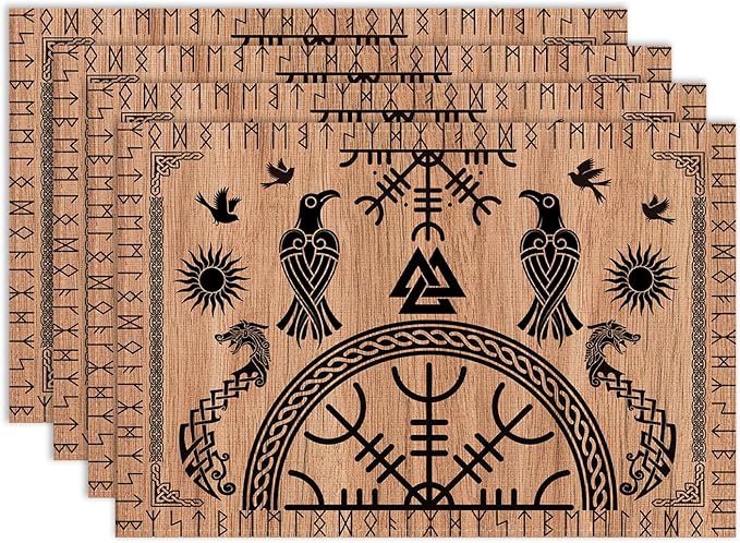 Viking Placemat Set of 6, 12x18 Inch Rustic Wooden Tree of Life Nordic Mythology Raven Helmet of Awe Dragon Black Rustic Coffee Table Mats for Outdoor Farmhouse Kitchen Dining Table Decoration