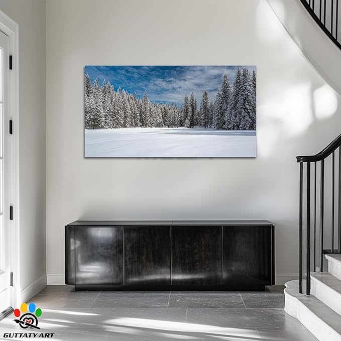 GUTTATY Christmas Winter Scene Canvas Wall Art, Snowy Forest Canvas Prints, Tranquil Blue Sky Wall Decor, Modern Poster Picture for Living Room, Holiday Wall Hanging Artwork, 60x30 Inch