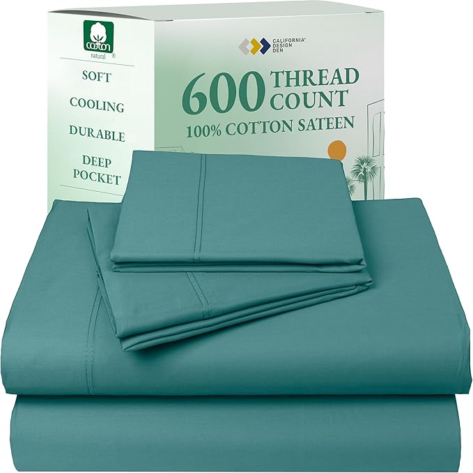 California Design Den Deep Pocket King Sheets Set - Luxury 600 Thread Count 100% Cotton Sateen Sheets King Size, Cooling Hotel Quality Sheets, Better Than Egyptian Cotton Sheet Set - Teal