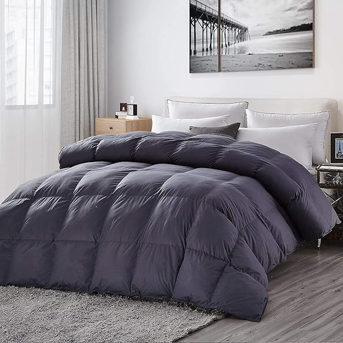 Luxurious Oversized California King Goose Down Comforter, 108 X 98 inches, Unique Gray Solid, 600 Thread Count, 100% Egyptian Cotton Cover, 80 Oz Fill Weight, 750 Fill Power