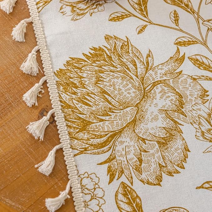 F-CHU Tan Floral Curtains for Living Room Bedroom Farmhouse French Country Linen Curtain Flower Pattern Chic Country Rod Pocket Curtains 2 Panels Set 55" W x 96" L