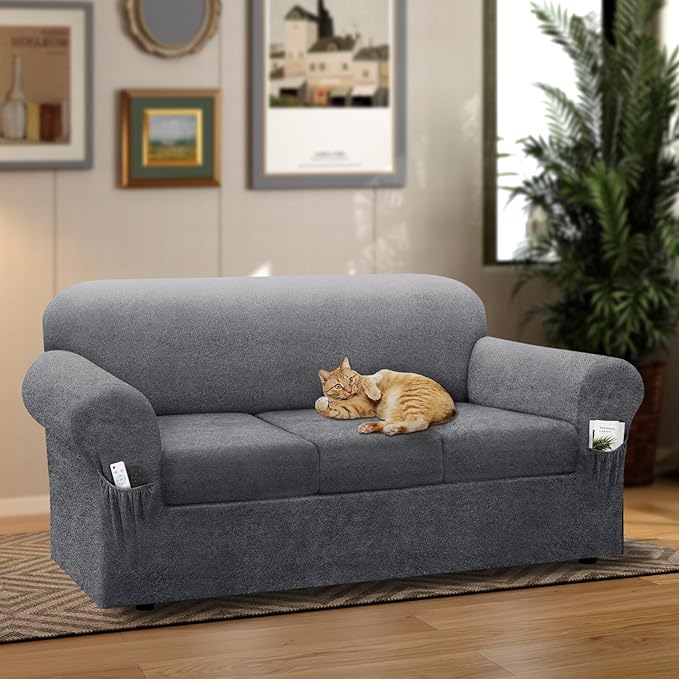 Sofa Slipcover with Armrest Pockets 4-Piece Set, Stretch Faux Leather Couch Cover for 3-Cushion Couches(Fits 72-92") - Non-Slip, Machine Washable, Pet & Kid Friendly - Light Gray