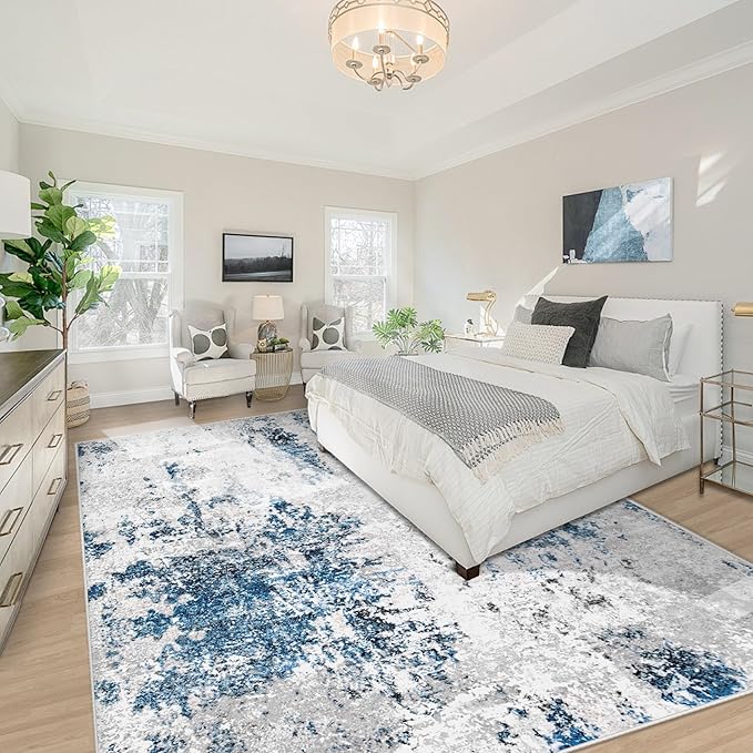 Living Room Rug 10x14 Rug, Machine Washable Modern Abstract Rug Soft Neutral Area Rug Non-Slip Stain Resistant Large Rugs for Living Room Dining Room Bedroom Dorm Office(Grey Blue,10'x14')