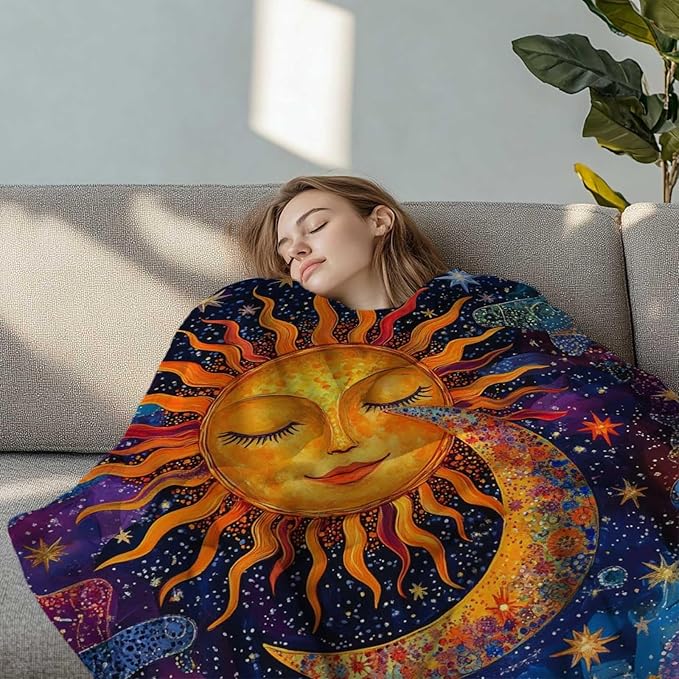 Sun and Moon Blanket Throw, Plush Blanket Gift for Adults, Hippie Witchy Lightweight Soft Fleece for Bedrooms, Meditation, and Decor, 60x80 Inches